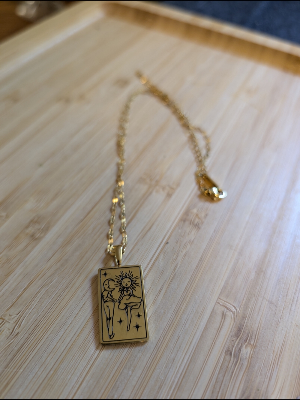 Gold Sun & Moon Tarot Rectangle Pendant Necklace - Women